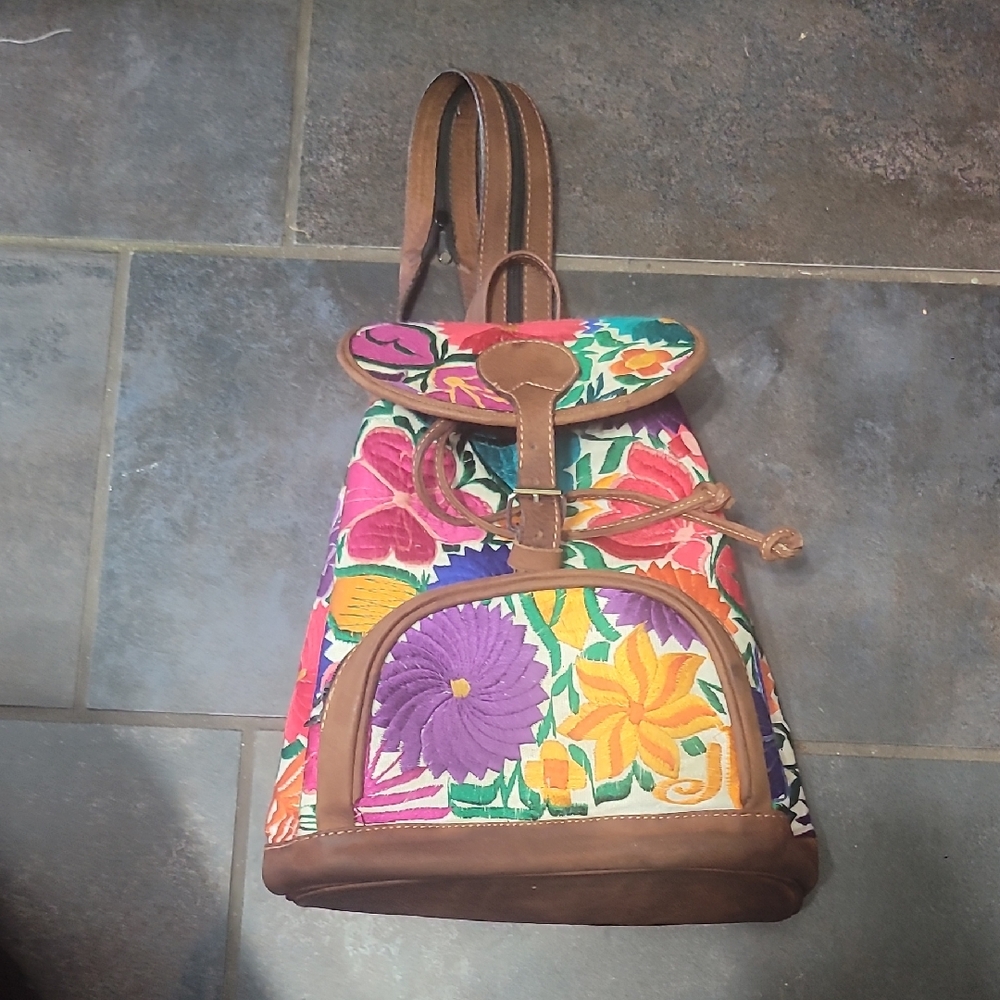 Embroidered Floral Leather-Trim Backpack Purse- Multicolor